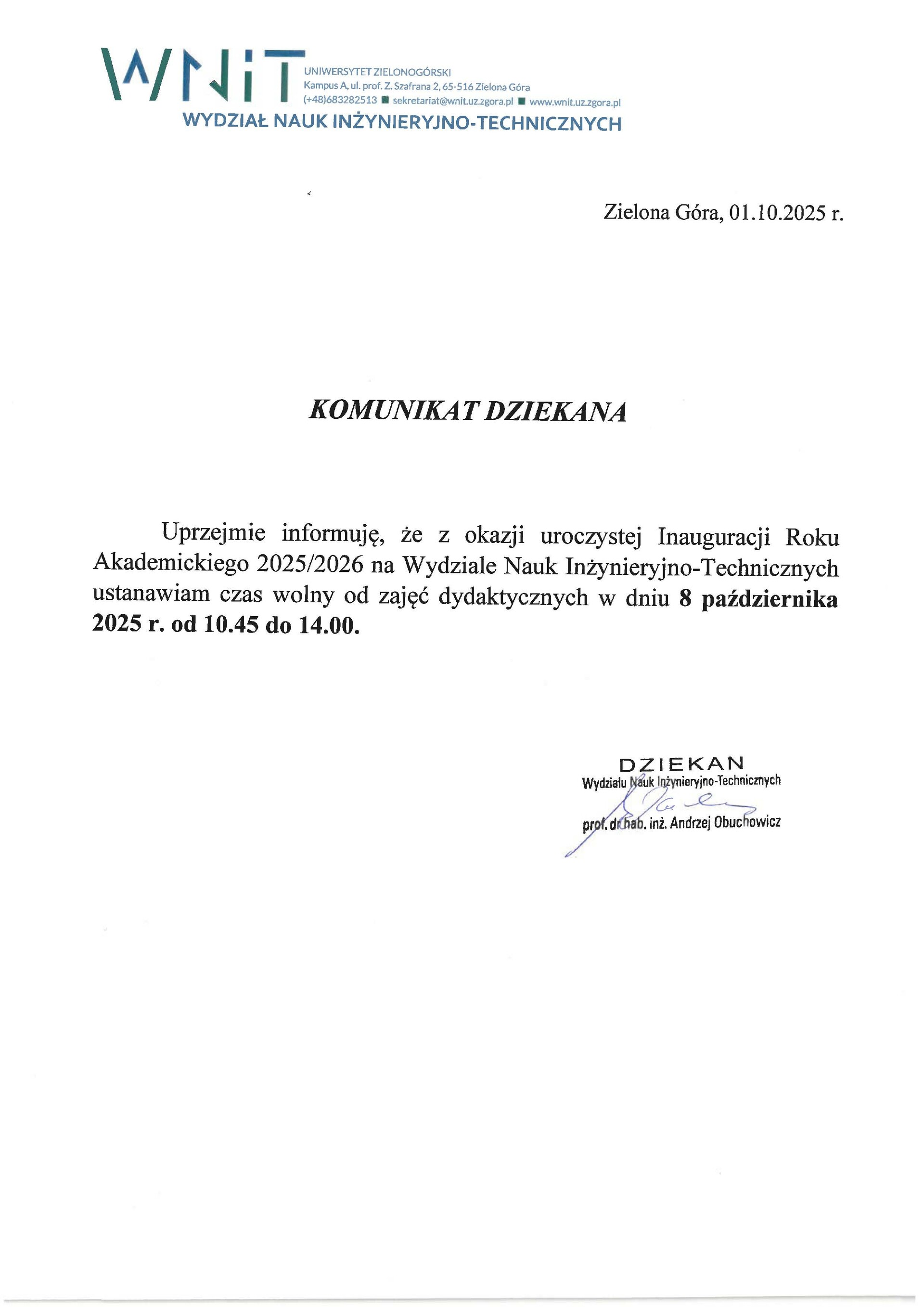 Komunikat Dziekana
